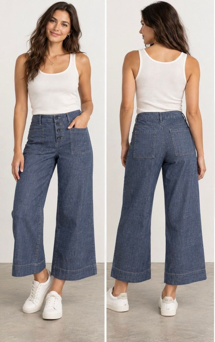 EVEREVE Women’s 29 Blue Chambray Wide Leg Crop Pants Button Fly Patch Pockets